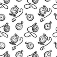 Pocket watch. Seamless pattern. Ink sketches on white background. Hand drawn vector illustration. Retro style.