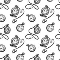 Pocket watch. Seamless pattern. Ink sketches on white background. Hand drawn vector illustration. Retro style.