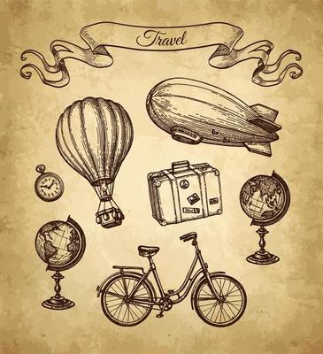 Retro hand drawing hot air balloon. Vintage hot air airship vector sketch  Stock Vector