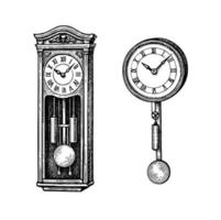 Vintage pendulum clock. Ink sketch isolated on white background. Hand drawn vector illustration. Retro style.
