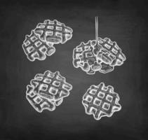 Chalk sketch of waffles with syrup topping. Hand drawn vector illustration on blackboard background. Retro style.