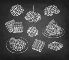 Set of chalk sketches on blackboard background. Waffles with syrup and ice cream. Hand drawn vector illustration. Retro style big collection.