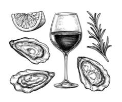 Glass of red wine and oysters with lemon and rosemary. Ink sketch isolated on white background. Hand drawn vector illustration. Retro style.