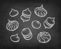 Meringue cookies. Chalk sketch on blackboard background. Hand drawn vector illustration. Retro style.