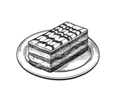 Mille-feuille dessert on porcelain plate. Ink sketch isolated on white background. Hand drawn vector illustration. Retro style.