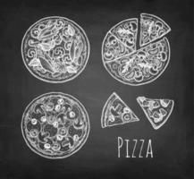 Pizza big set. Chalk sketch on blackboard background. Hand drawn vector illustration. Retro style.