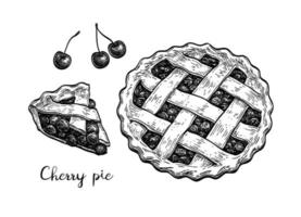 Cherry pie. Ink sketch isolated on white background. Hand drawn vector illustration. Retro style.