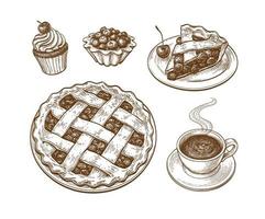 Cakes and pies with fresh berries. Ink sketch isolated on white background. Hand drawn vector illustration. Retro style.