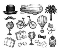 Vintage collection of things for the traveler. Retro style ink drawing set isolated on white background. vector