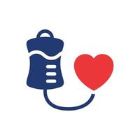 Blood Donation Bag with Heart Silhouette Icon. Concept of Transfusion Blood. Symbol of Support, Volunteer, Charity and Donation Organization. World Donor Day. Vector illustration.