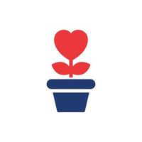 Heart Shape Flower in Pot with Leaf Silhouette Icon. Charity, Love and Romance Symbol Pictogram. Bloom Plant Grow in Flowerpot Icon. Isolated Vector Illustration.
