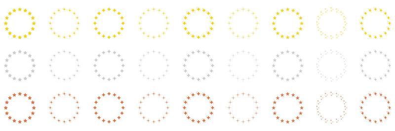 Stars in Circle Shape Silhouette Icon Set. Round Award Frame with Gold, Silver and Bronze Stars Pictogram. Circular Decor Ornament Icon on White Background. Isolated Vector Illustration.