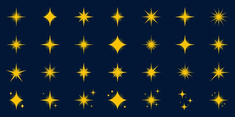 Sparkle Gold Star Silhouette Icon Set. Glow Spark Flash Stars Pictogram Collection. Shine Burst Magic Decoration Symbol. Glistering Effect Light. Golden Twinkle Flare. Isolated Vector Illustration.