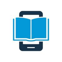 Ebook Silhouette Icon on Mobile Phone. Electronic Book Device for Education and Learning. E-book Reader, E-reader icon. Smartphone with Open Ebook pictogram. Vector Isolated Illustration.