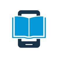 Ebook Silhouette Icon on Mobile Phone. Electronic Book Device for Education and Learning. E-book Reader, E-reader icon. Smartphone with Open Ebook pictogram. Vector Isolated Illustration.