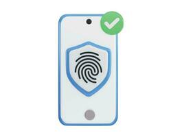 Fingerprint on Mobile phone with protect shield 3d rendering vector icon illustration