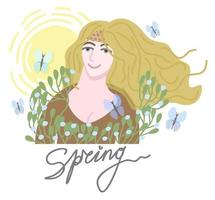 Spring. Young woman in flowers with butterflies fluttering around. vector