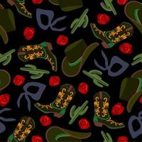 Retro cowgirl. Vector seamless pattern with cowboy hats, boots, bandanas, cacti and roses on black background.