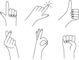 Gesture hands set in line style. Vector illustration with concept of pointing, motivation, approval, new idea, love and satisfaction