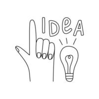 Gesture raised up forefinger idea light bulb. Idea concept icon in line style vector illustration