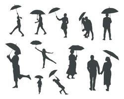 People with umbrella silhouettes vector