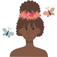 negro Nina, mujer en un flor guirnalda y mariposas primavera muchacha. amor tu cuerpo concepto.amor tú mismo concepto. vector