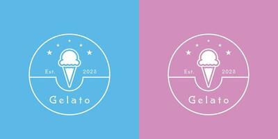 ilustración de un minimalista helado logocreativo idea icono un departamento, sencillo silueta de un leche, hielo crema, y bebida sello emblema.rápido comida ese es frío, rosa, y elegante cucharón cono helado con frutas y nueces bebida vector