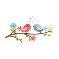 Two cute cartoon bird couple in love are sitting on a branch with flowers and chirping.Animal characters for Easter and Spring cards. Color vector illustration isolated on a white background