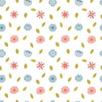 Seamless pattern with hand-drawn simple, spring, pink and blue flowers and leaves. A simple background for wrapping paper, home and children's textiles. Vector illustration on a white background.
