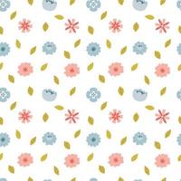 Seamless pattern with hand-drawn simple, spring, pink and blue flowers and leaves. A simple background for wrapping paper, home and children's textiles. Vector illustration on a white background.