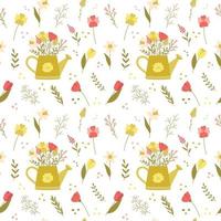 Seamless pattern with cute cartoon illustrations. Green watering can, spring flowers, tulips, daffodils, poppies. Colored backdrop. Cartoon vector illustration on a white background.