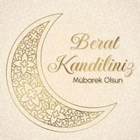 Muslim holiday Berat Kandiliniz. Vector concept of card for Islamic holy night. Silhouette of golden crescent moon with Arabian pattern on light beige gradient background