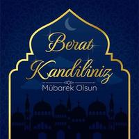 Berat Kandiliniz Muslim holiday. Vector concept of Islamic holy night. Card with arabic pattern and silhouette of the mosque. Vector concept on dark blue background