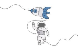 One single line drawing of astronaut in spacesuit waving hand and discovering deep space with rocket spaceship vector illustration. Exploring outer space concept. Modern continuous line draw design