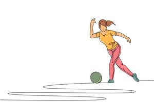 Single continuous line drawing young happy bowling player woman throw bowling ball to hit the pins. Doing sport hobby at leisure time concept. Trendy one line draw design vector illustration graphic