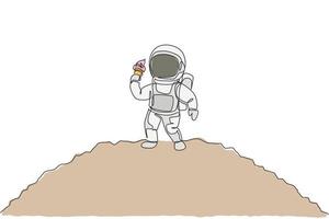 One single line drawing astronaut walking om moon surface while eating sweet cold milk ice cream cone graphic vector illustration. Fantasy outer space life concept. Modern continuous line draw design