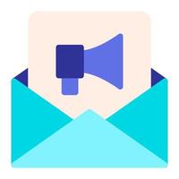 Isolated email marketing in flat icon on white background. Newsletter, advertisement, megaphone vector