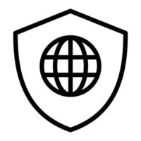 Isolated cyber security in outline icon on white background. Defender, shield, guard, protection, internet, network, globe vector