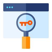 Isolated keyword searching in flat icon on white background. Seo, key, magnifying glass, analysis, web vector