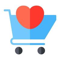 Add to cart with love symbol in flat icon. Wish list, favorite product, ecommerce, shopping cart vector