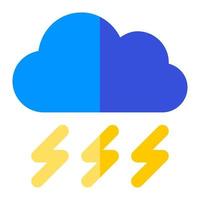 Cloud with thunderbolt in flat icon. Thunderstorm, weather, forecast, disaster, warning, danger, climate vector