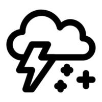 Snow with thunder and cloud in outline icon. Snowstorm, Snowflakes, snowfall, cloud, cold, season, weather, forecast, warning, danger, disaster vector