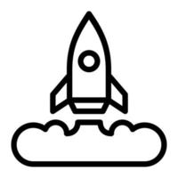 solated rocket launch in outline icon on white background. Launching, boost, startup, advertising, marketing vector