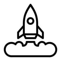 solated rocket launch in outline icon on white background. Launching, boost, startup, advertising, marketing vector