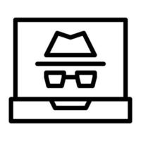 Isolated hacking symbol in outline icon on white background. Hacker, cyber crime, incognito, laptop vector