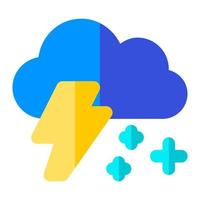 Snow with thunder and cloud in flat icon. Snowstorm, Snowflakes, snowfall, cloud, cold, season, weather, forecast, warning, danger, disaster vector