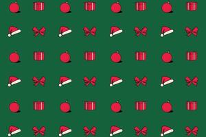 Set of Christmas Celebration Objects seamless pattern background. Collection of Santa Claus Hat, Light Bulbs, Gift Box and Gift Ribbon vector design. Christmas background pattern.