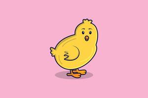 Cute cartoon baby chicken vector illustration. Animal nature icon concept. Funny yellow chicks in simple kawaii style vector design with shadow on pink background.