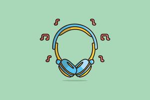 auricular dispositivo con música notas vector ilustración. Deportes y recreación o tecnología objeto icono concepto. auriculares para jugadores, música concepto vector diseño con sombra en verde antecedentes.