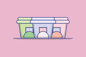 Delicious Ice Cream Boxes Set vector illustration. Summer food and ice cream object icon concept. Ice cream plastic bucket container set packaging vector design with shadow on pink background.